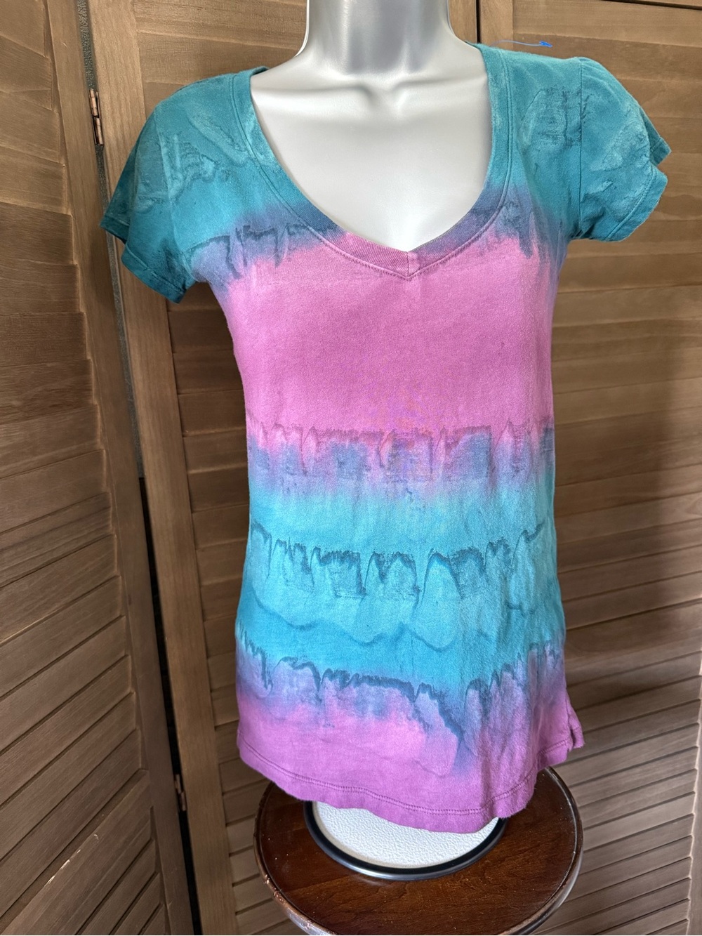 L.O.L. Vintage Teal and Purple Ombre V-Neck 100% Tie Dye Tee